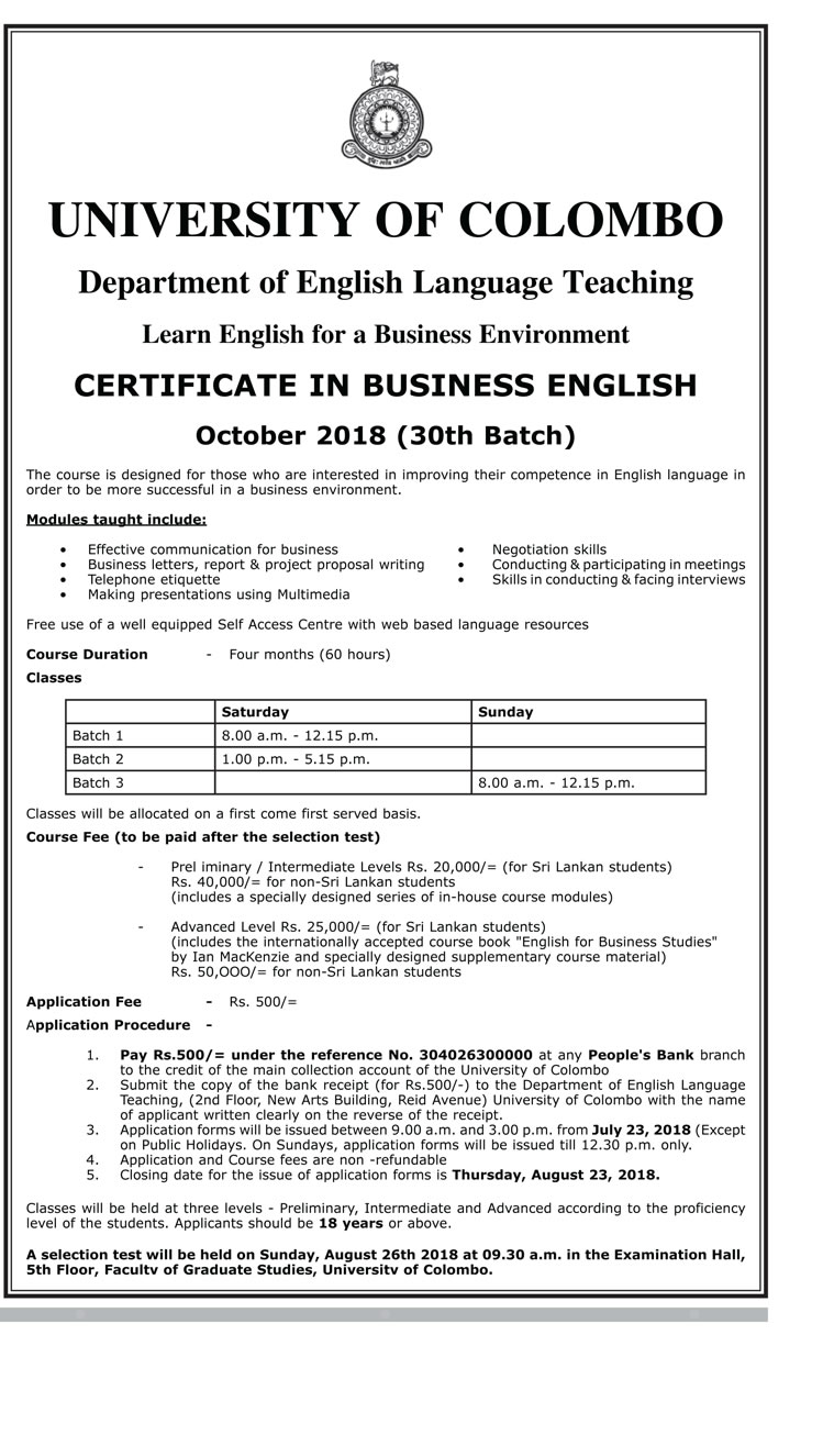 Certificate in Business English - University of Colombo